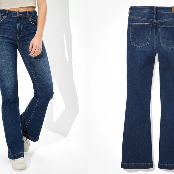 AMERICAN EAGLE stretch super hi-rise flare jeans in Dark Rinse (8 short) - Picture 1 of 13